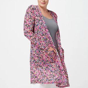 Logo by Lori Goldstein Size L Mesh Animal Print Open Front Duster Cardigan Pink